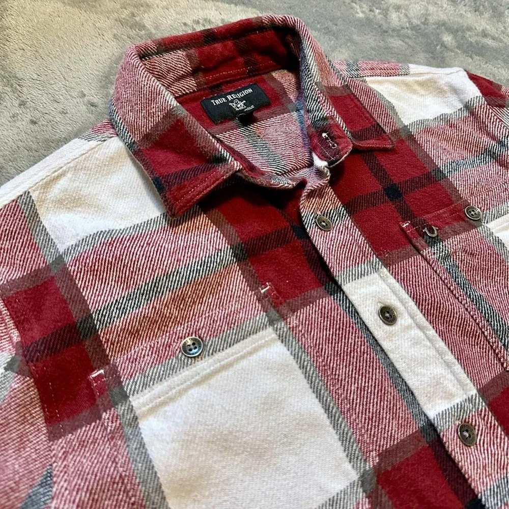 True Religion Shirt Mens S Red White Plaid Flannel Heavy Button Up Western Ranch